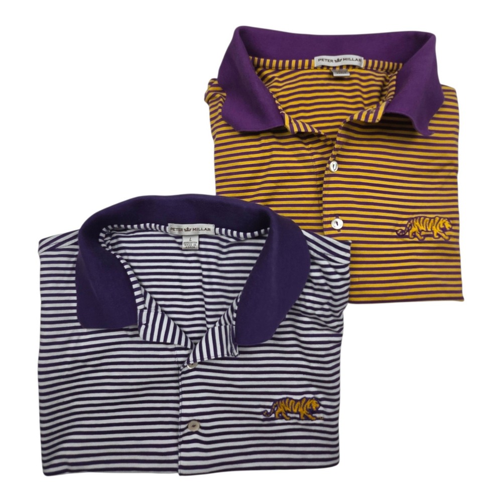 Peter Millar LSU Polo Shirt Lot 2 Sz L Cotton Purple Gold White Striped Tiger